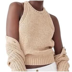 J.Crew Sweater Tank Womens XXL Tan High Neck Textured Pointelle Coastal Natural